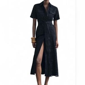 ZARA  NWT $109 EYELET  EMBROIDERED MIDI SHIRTDRESS BLACK 4877/288 SZ L